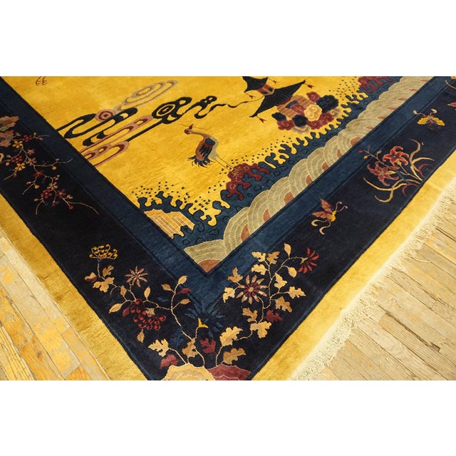 1920s Canary Yellow Scene Pictoral Antique Chinese Art Deco Hand Knotted Rug 9'x 11' 7" Wool Carpet For Sale - Image 14 of 17