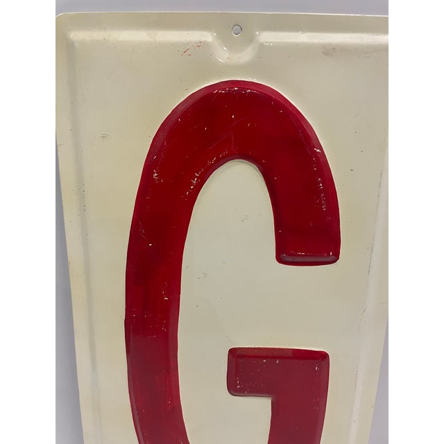 Rectangular metal enameled sign if the letter G in red. Unmarked Combined shipping available, please inquire. Shipping...