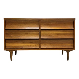 Mid Century Modern Walnut Lowboy Dresser | Sculpted Front 6 Drawer Credenza | Refinished Vintage MCM Bedroom Storage Cabinet, C. 1960’s For Sale