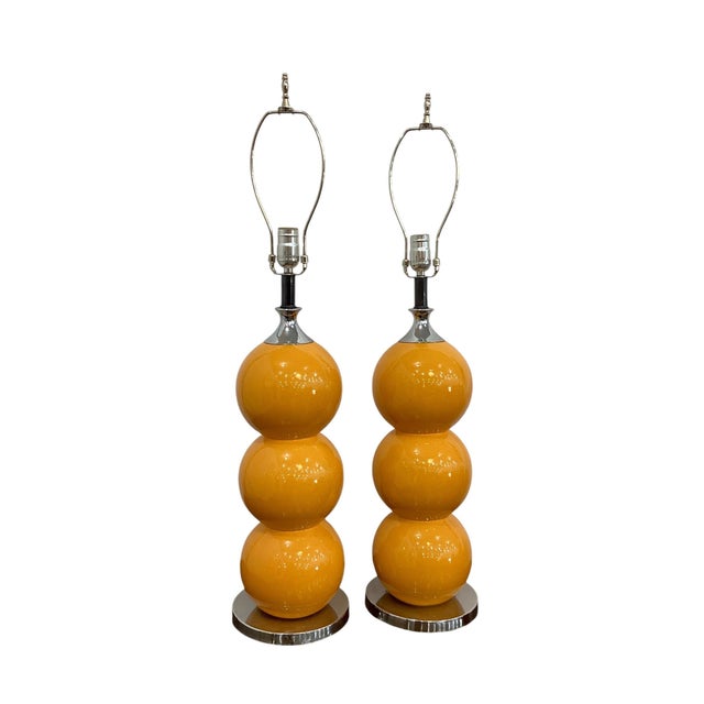 Metal Pair Mid Century George Kovacs Style Stacked Ball Orange Lamps For Sale - Image 7 of 7