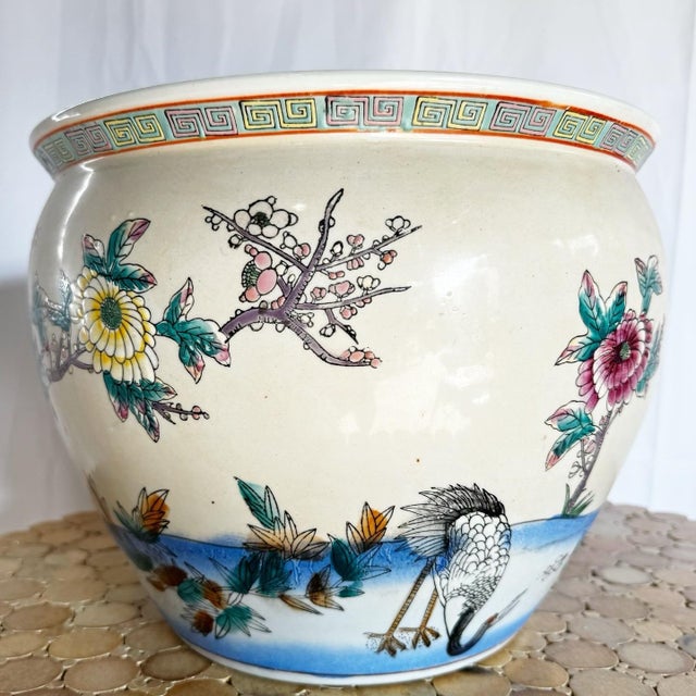 Chinese Chinese Hand Painted Porcelain Fishbowl Vase/Planter For Sale - Image 3 of 8
