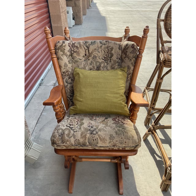 Vintage Solid Wood Windsor-Style Glider Rocking Chair With Tufted Cushions For Sale - Image 9 of 9