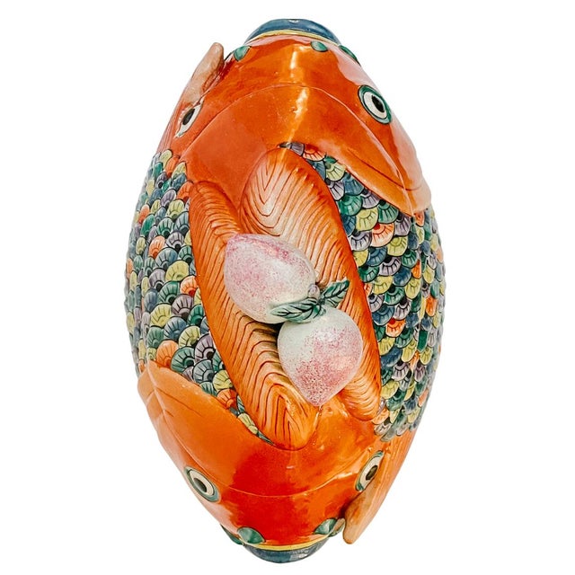 Mid 20th Century Mid 20th Century Chinese Hand-Painted Famille Rose Two Head Koi Fish Form Tureen For Sale - Image 5 of 8
