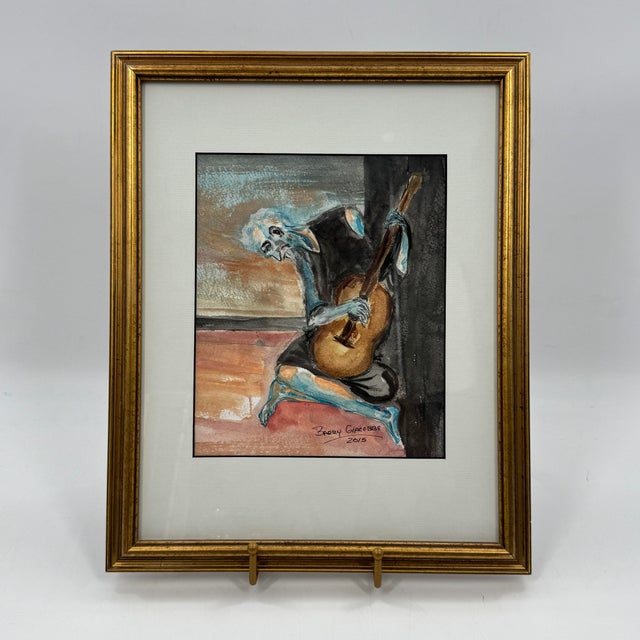 Signed Original Watercolor After Picasso Old Guitarist Framed For Sale - Image 9 of 11