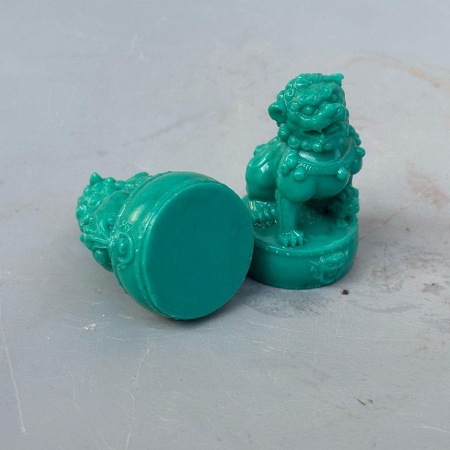 1980s Turquoise Green Foo Dogs - Pair of Mini Guardian Lion Statues For Sale - Image 5 of 8
