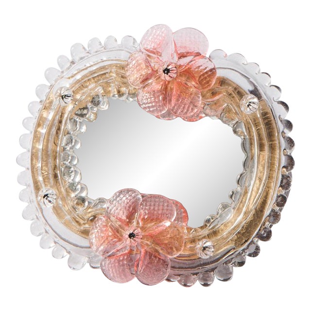 Small Murano Pink Flower Mirror For Sale