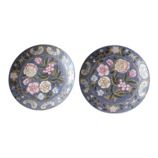 Vintage, Smoky Blue, Floral Raised Pattern, Decorative Plates - Pair For Sale