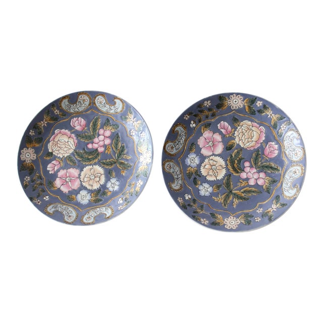 Vintage, Smoky Blue, Floral Raised Pattern, Decorative Plates - Pair For Sale