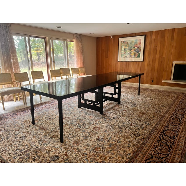 Mid 20th Century Black Lacquer Extension Dining Table With Asian-Inspired Fretwork Base, Two Leaves and Custom Protective Pads For Sale - Image 10 of 10