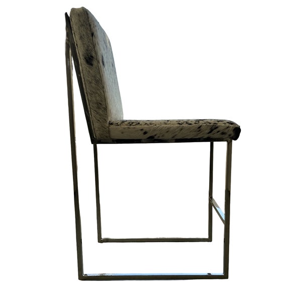 2010s Set of 6 Mid-Century Modern Chrome + Cowhide Bar Stools - Custom-Made For Sale - Image 5 of 12