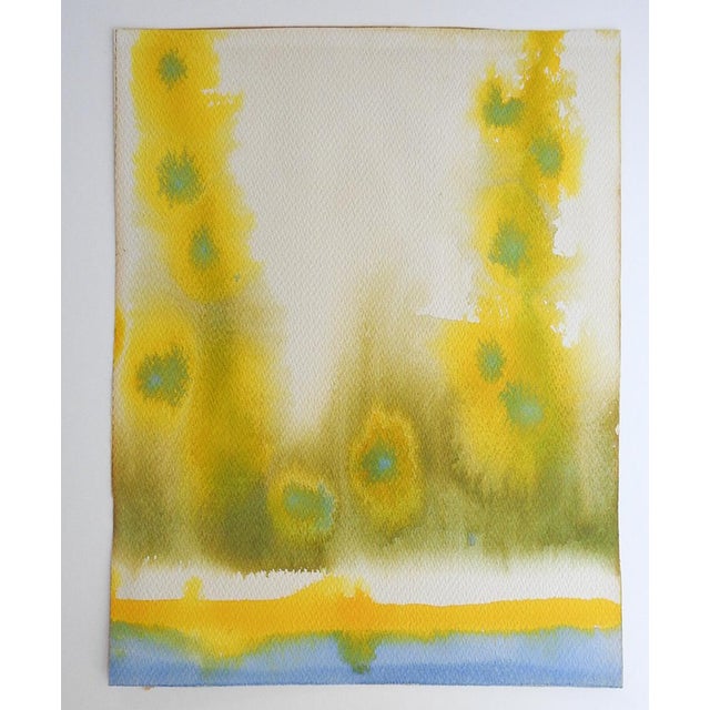 Mid 20th century watercolor on paper abstract blue and yellow painting. Unsigned. Unframed, age toning, tape remains on...