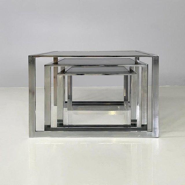 Italian Modern Trio of Coffee Tables in Smoked Glass and Metal, 1980s For Sale - Image 4 of 18
