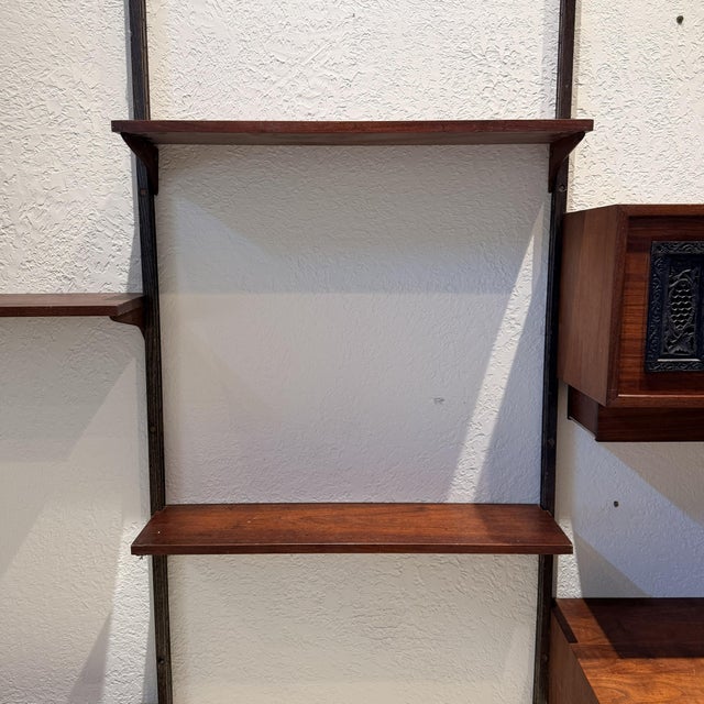 Mid 20th Century Vintage 1960s Mid Century Modern Walnut Wall Unit, Custom Modular Shelving Brutalist Iron Accents For Sale - Image 5 of 10