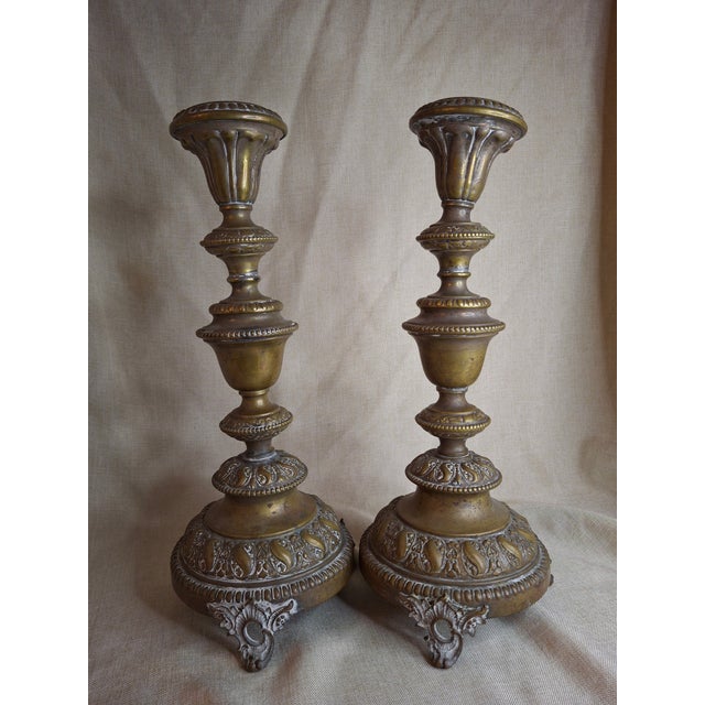 Antique Warsaw Brass Shabbat Candlesticks, 14" Polish Sabbath 19th Century Pair For Sale - Image 4 of 16