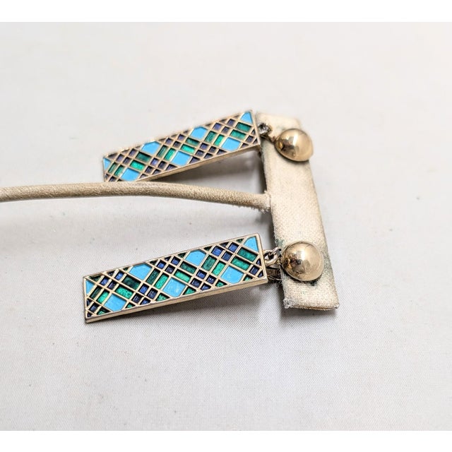 Boucher Vintage 1960s Signed Boucher Green & Blue Enamel Pendant Clip Earrings-2 Pieces For Sale - Image 4 of 7