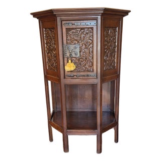 Gothic Oak French Highly Carved Liquor Cabinet With Gothic Foliage and Original 1880s Key For Sale