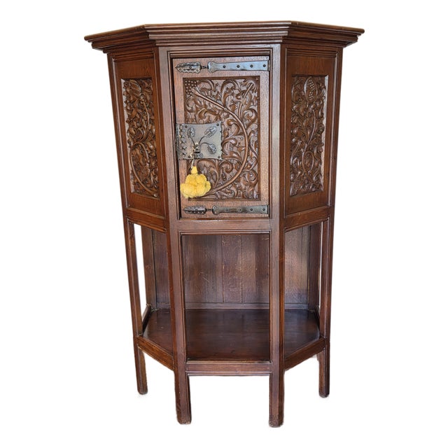 Gothic Oak French Highly Carved Liquor Cabinet With Gothic Foliage and Original 1880s Key For Sale