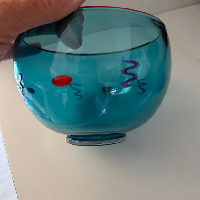 Vintage Antonio Garcia Signed Small Bowl in Blue With Red Rim and Dots and Purple ZigZags For Sale - Image 4 of 8
