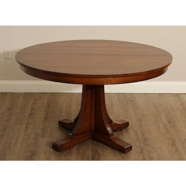 High Quality American Made Solid Oak Round Top Pedestal Dining Table, Includes Two Leaves. Finish #53