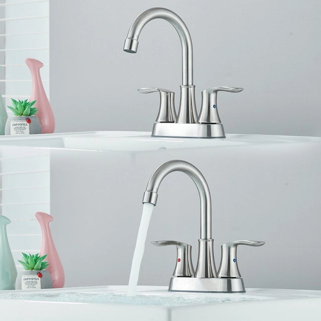 2020s Brushed Nickel Bathroom Sink Faucet 3Hole 4in Centerset Vanity Mixer With Drain For Sale - Image 5 of 8