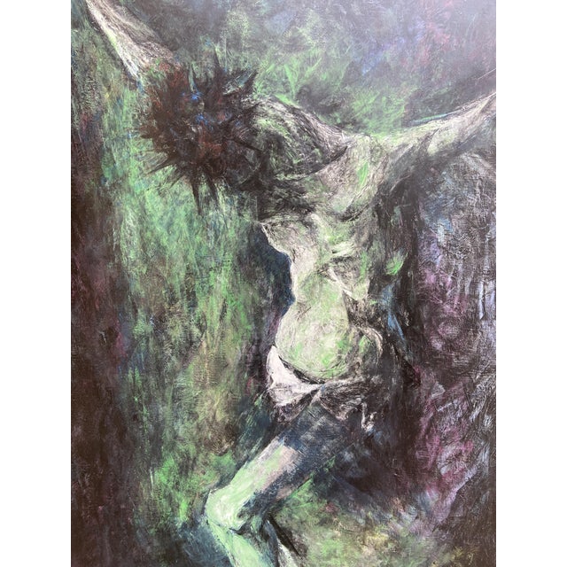 Impressive painting depicting Christ on the Cross by the Franco-Spanish artist Vincent Gonzalez (1928–2019). This unique...