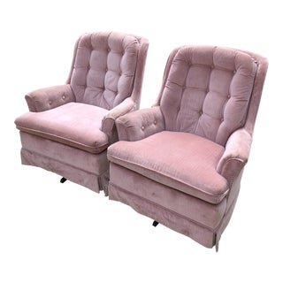 Velvet Mauve Pink Swivel Club Chairs - A Pair For Sale