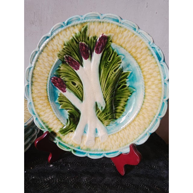 These are beautiful barbotine plates for special dinnerware for asparagus and artichoke courses, from the 1900s, made by...