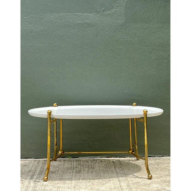 Vintage Brass and Wood Oval Coffee Table For Sale - Image 10 of 12