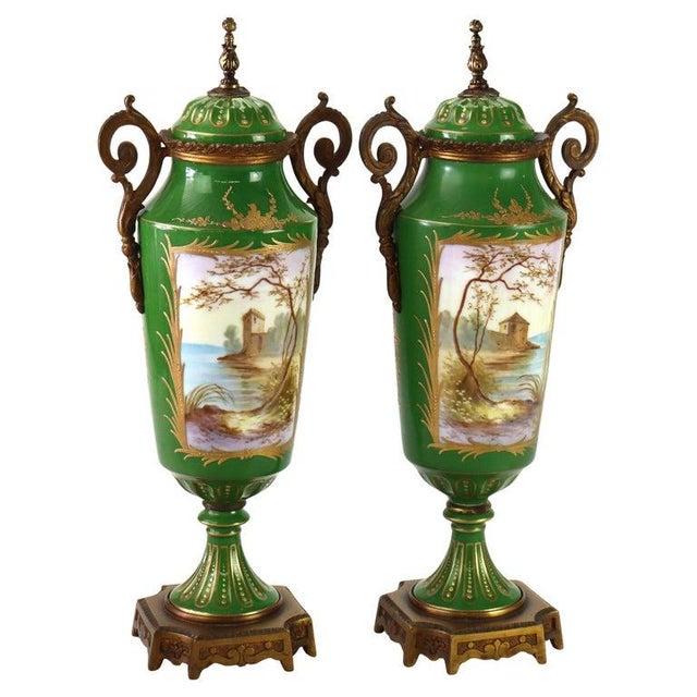 Pair Of Antique Limoges Porcelain & Ormolu Covered Urns With Genre Scene & Landscape Panels Signed C1890 Measures - 15" x...