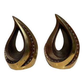 1950s Ben Seibel Modern Brass Sculptural Tear Drop Flame Bookends - a Pair For Sale