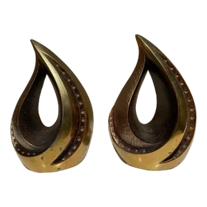 Mid-Century Modern Ben Seibel Modern Brass Bookends Sculptural Tear Drop Flame