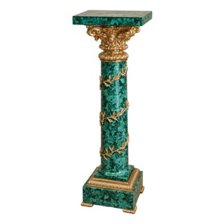 Rococo Green Pedestal – Marbleized Finish With Gold Leaf Accents & Decorative Display Top For Sale