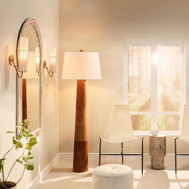 Robertson Floor Lamp, Saddle Brown Hide Luxe materials and exceptional craftsmanship come together in this tall floor...