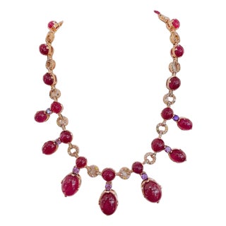 Bochic "Capri" Vintage Ruby, Amethyst & Sapphire Necklace 18K Gold & Silver For Sale