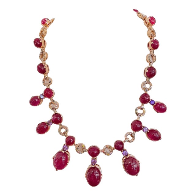 Bochic "Capri" Vintage Ruby, Amethyst & Sapphire Necklace 18K Gold & Silver For Sale