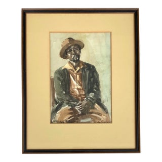 1959 Mid-Century Portrait Painting of a Black Man in Hat For Sale