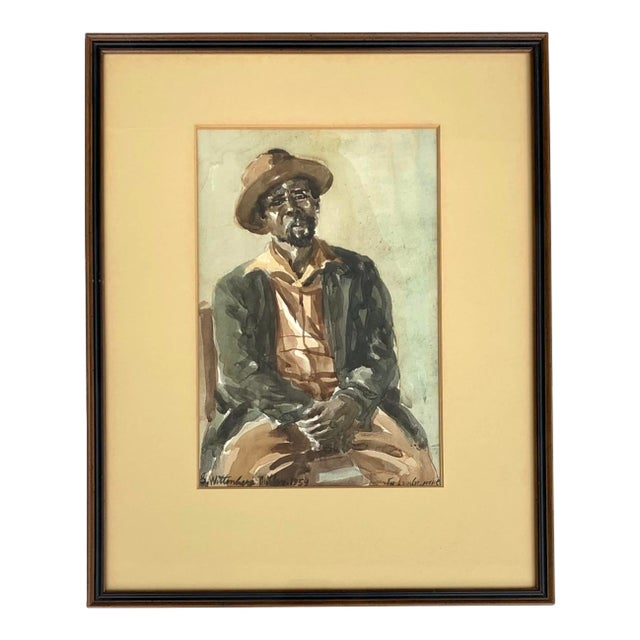 1959 Mid-Century Portrait Painting of a Black Man in Hat For Sale