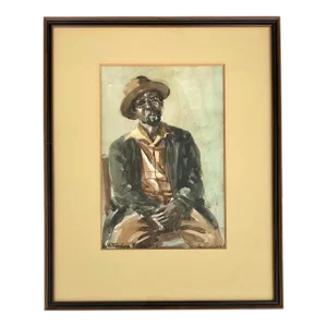 1959 Mid-Century Portrait Painting of a Black Man in Hat