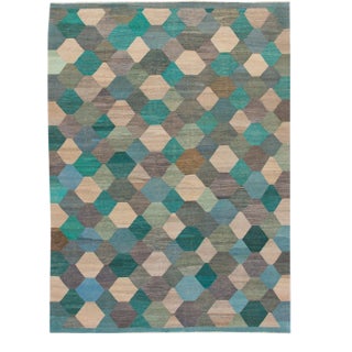 Contemporary Multicolor Kilim Flatweave Geometric Wool Rug For Sale