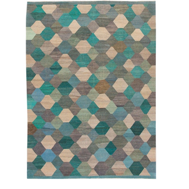 Contemporary Multicolor Kilim Flatweave Geometric Wool Rug For Sale