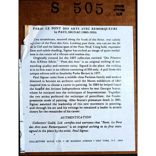 Printmaking Materials Paul Signac the Pont Des Arts Impressionist Etching by Paul Signac 1927 Authenticated For Sale - Image 7 of 7