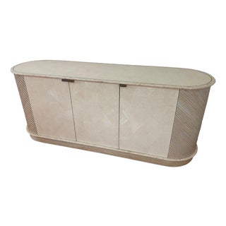 1980s Hollywood Regency Tessellated Stone and Pencil Reed Rattan Credenza For Sale
