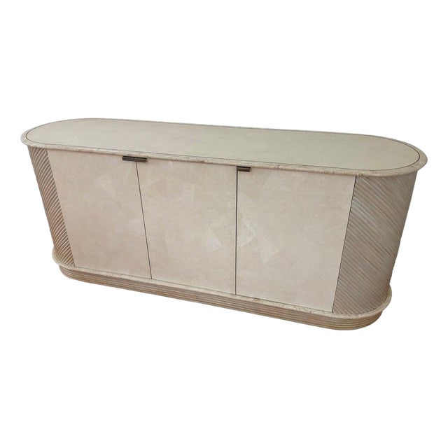 1980s Hollywood Regency Tessellated Stone and Pencil Reed Rattan Credenza For Sale