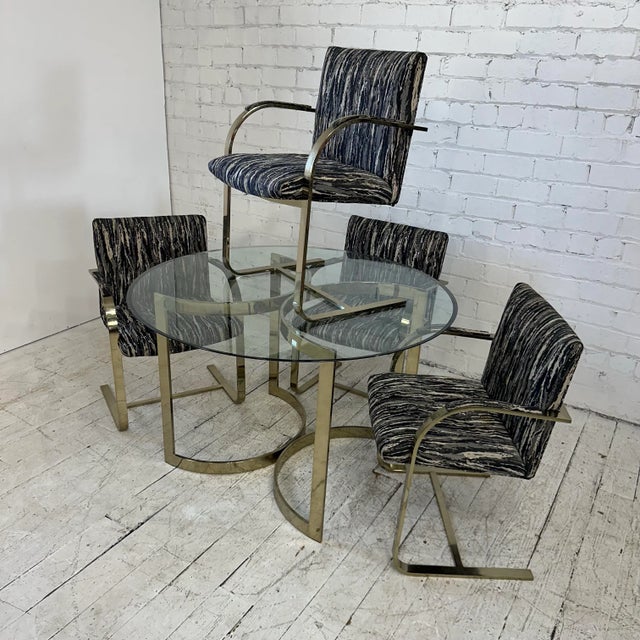 Four Brass Chairs Knoll Milo Baughman Style This set features 4 flat bar cantilevered brass arm chairs with an abstract...