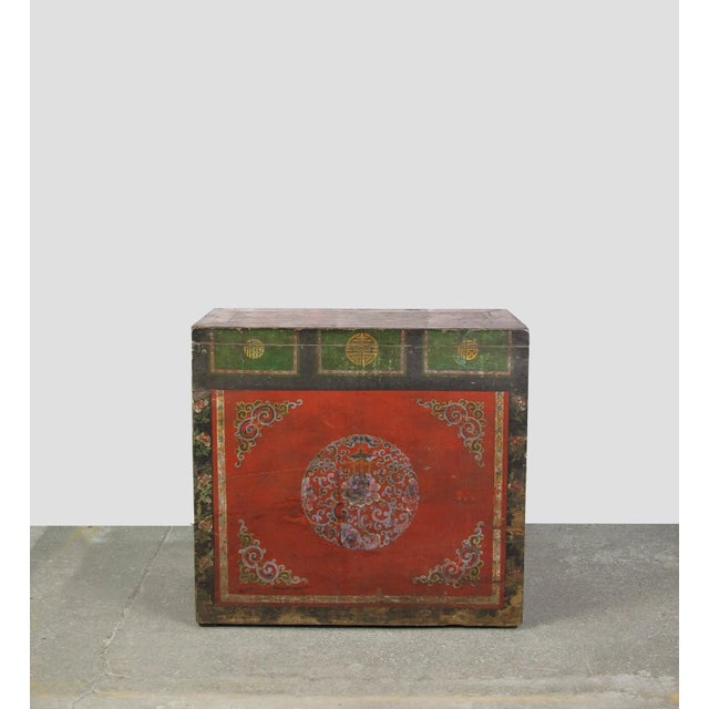 Asian Antique Hand Painted Flower Wreath Antique Gansu Tibetan Cabinet For Sale - Image 3 of 12