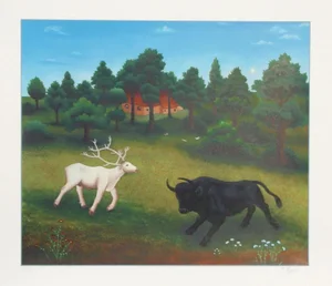 Ivan Generalic, "White Deer and Bull," Serigraph