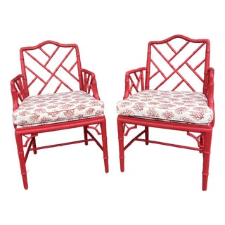 A Pair of Vintage Red Lacquer Chinese Chippendale Style Armchairs For Sale