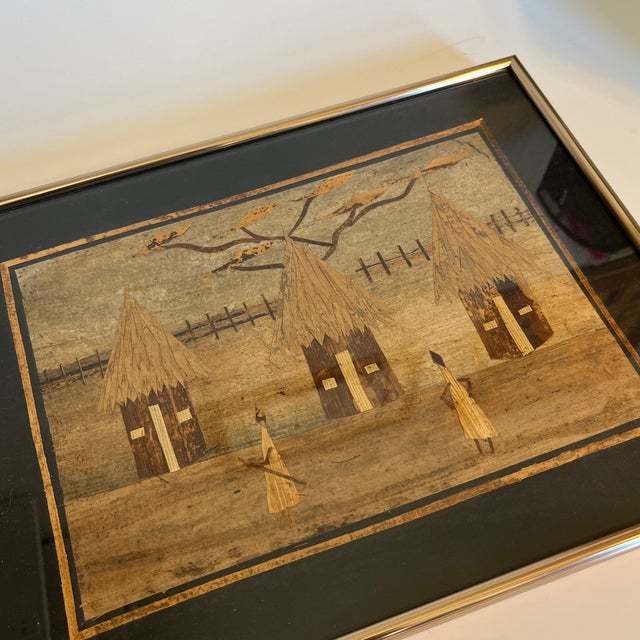 Banana leaf African village scene. Time Period Produced: 1980-1989 Original, Matted & Framed