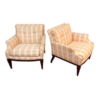 Mid 20th Century Pair of Silk Plaid Mid Century Armchairs For Sale
