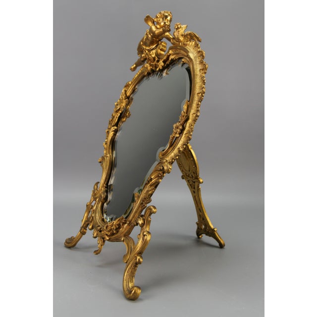 Gold Rococo French Gilt Bronze Desktop Mirror with Cherub and Bird, 1890s For Sale - Image 8 of 18